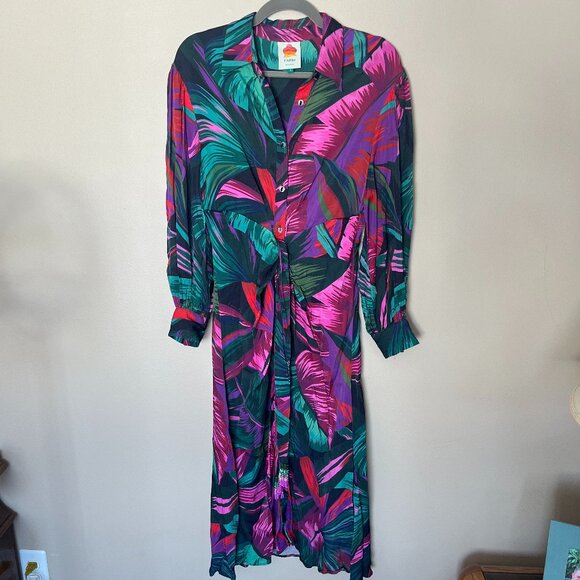 Farm Rio Midnight Leaves Shirt Dress • Silky Viscose • Beaded Belt • Size Small - Picture 12 of 13